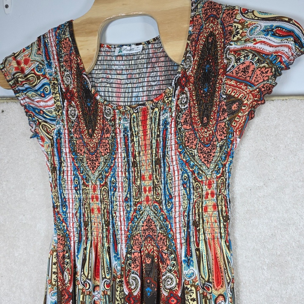 Lapogee Dress‎ Womens XL Red Blue Paisley Boho Maxi Smocked Chic Style Vintage - Picture 2 of 6